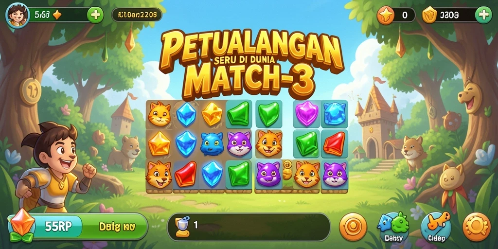 Gameplay seru Match-3 di 55RP menunjukkan aksi mencocokkan yang mendebarkan.