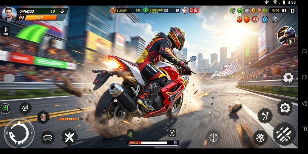 Screenshot utama GANAS33 menampilkan balapan motor yang mendebarkan.