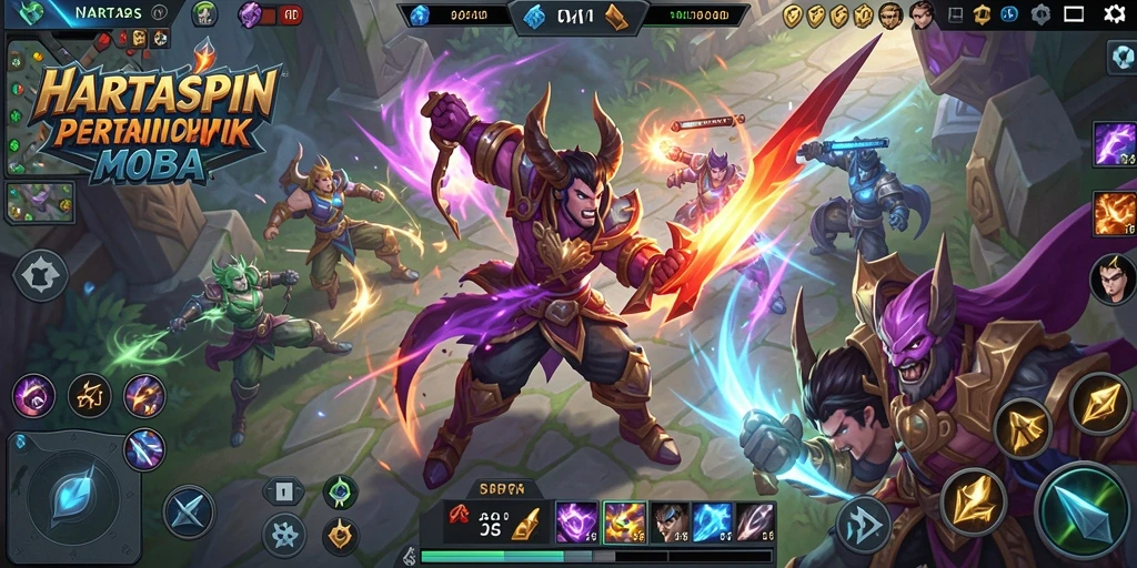 Screenshot permainan HARTASPIN menampilkan aksi pertarungan seru dalam permainan MOBA.