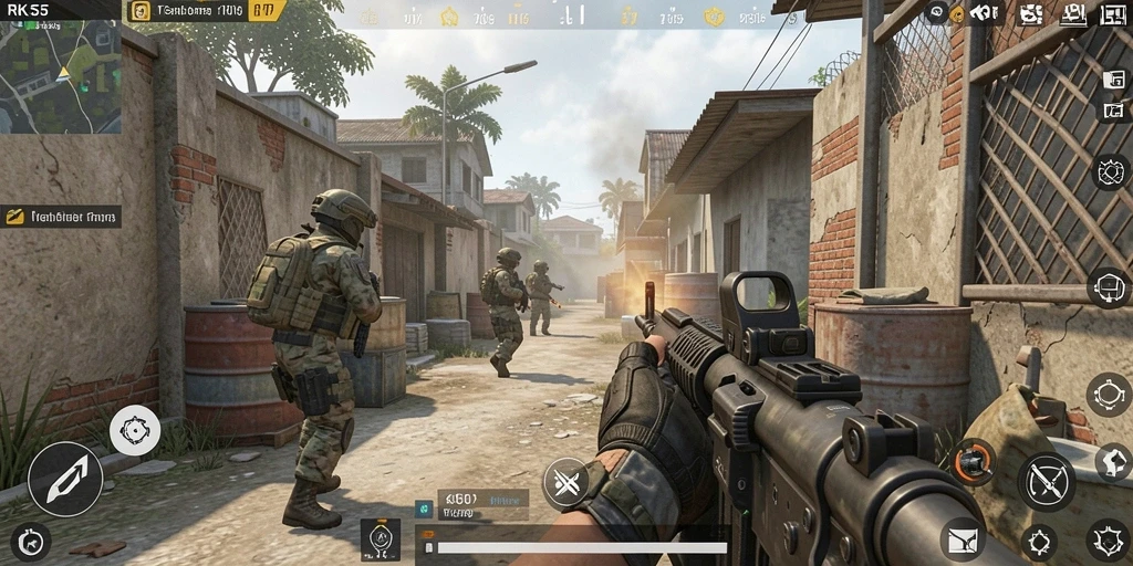 Tampilan gameplay seru dari RK55 dengan aksi tembak-menembak intens.